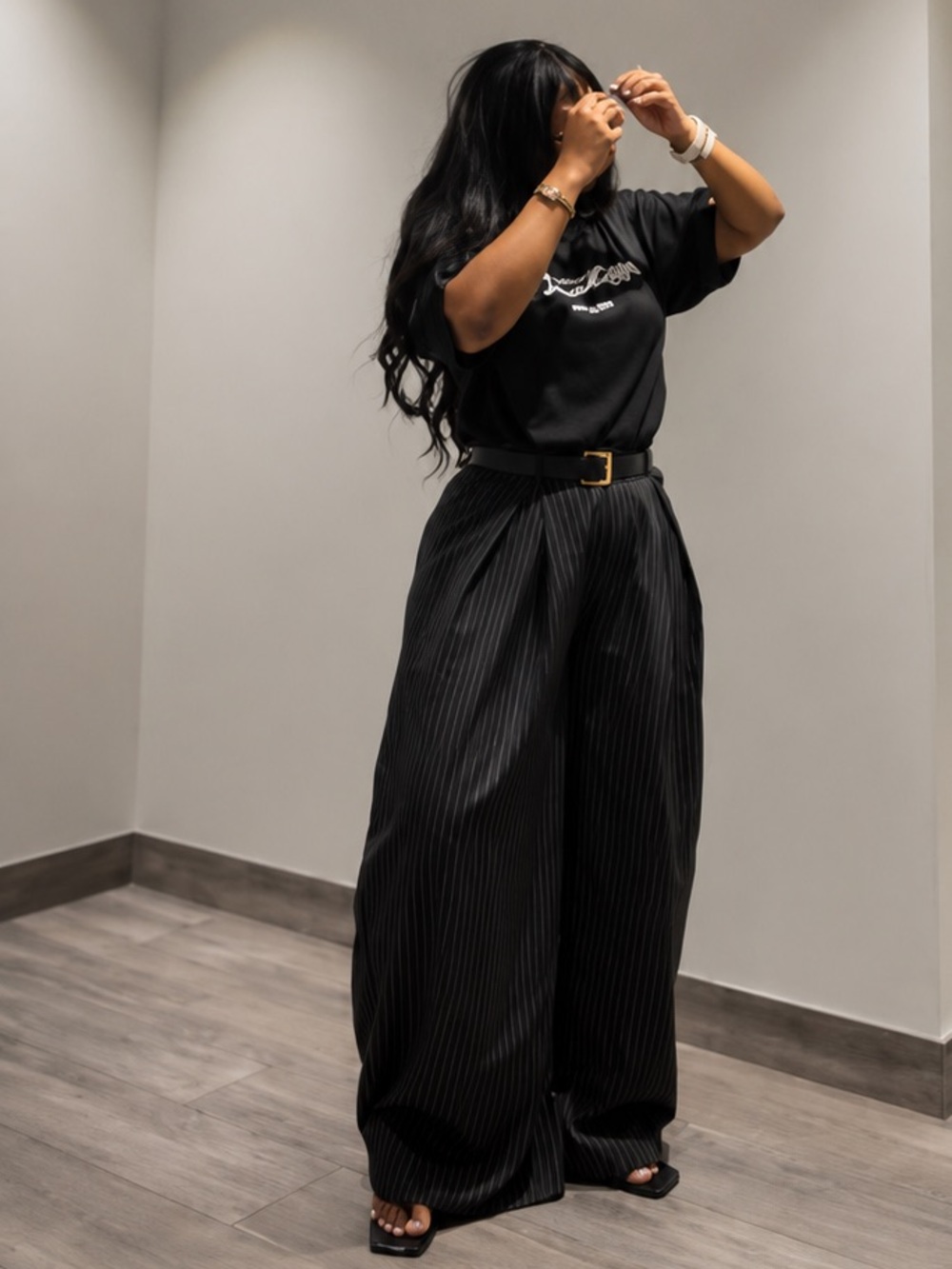 High-Waist Black Wide-Leg Pinstripe Pants